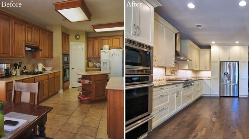 A before and after picture of a kitchen.
